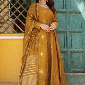 Mustard Woven Design Chanderi Silk Anarkali Kurta